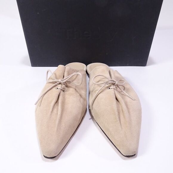 Theory Women's Pleated Mule Flats Sandals in Leather Ecru NIB 398 Sz 37 - Picture 4 of 12